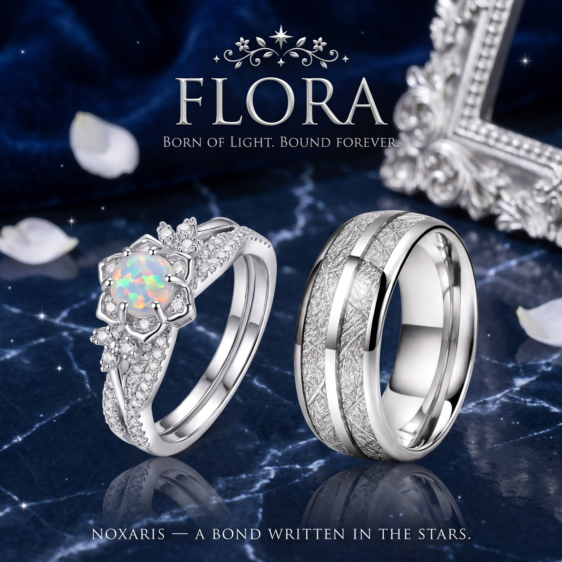 FLORA couples rings — white opal flower ring and meteorite band, NOXARIS dark luxury