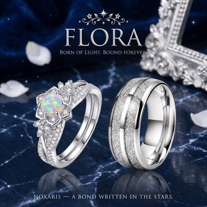 FLORA couples rings — white opal flower ring and meteorite band, NOXARIS dark luxury