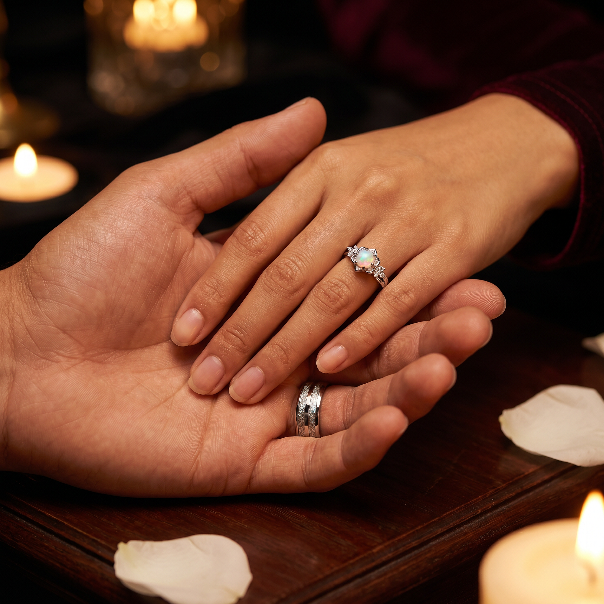 FLORA couple wearing the rings — NOXARIS gothic romantic jewelry